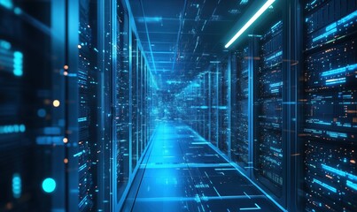 Poster - Futuristic Data Center Corridor with High-Tech Server Racks and Digital Displays
