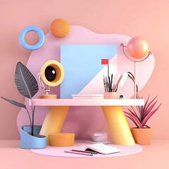 Poster - Pastel-Colored Minimalist Desk Setup with Abstract Shapes and Plants