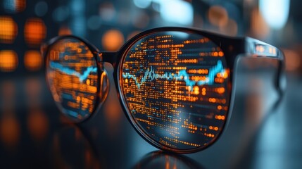 Poster - Futuristic glasses reflecting colorful data streams, representing technological advancement and innovation. Perfect for showcasing digital themes.