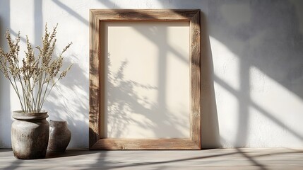 Poster - Minimalist wooden frame standing on a table or shelf against a plain wall with a potted plant or dried flowers in a vase creating a cozy natural and serene atmosphere in a minimalist interior design