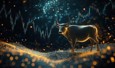 Poster - Bull market symbolizing financial growth with glowing particles and stock market graphs in the background