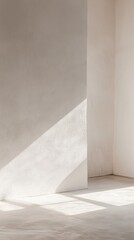 Poster - Delicate rays of sunlight filter through an unseen window, casting soft shadows on the pristine white plaster wall, evoking a sense of calm and purity within the space