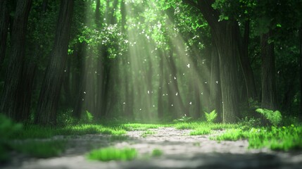 Poster - Sunbeams filtering through the trees in a magical forest illuminate white butterflies gracefully fluttering over lush green grass and vibrant ferns, creating a serene atmosphere