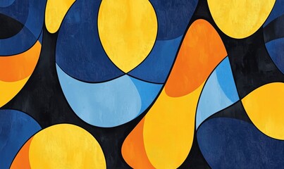 Poster - Abstract geometric shapes in vibrant colors, featuring yellow, blue, and orange against a dark background, creating a modern artistic composition