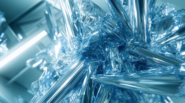 Abstract 3D rendering of a chaotic arrangement of metallic, chrome like structures. The image features a dynamic composition with various shapes and