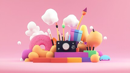 Poster - Abstract Still Life of Art Supplies and Geometric Shapes on Pink Background