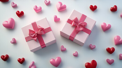 Wall Mural - The pink gift box on the table, wrapped in ribbon