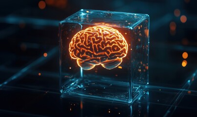  - Neon Brain in Glass Cube, Futuristic Digital Art, Glowing Neural Network Representation, Technology and Innovation Concept