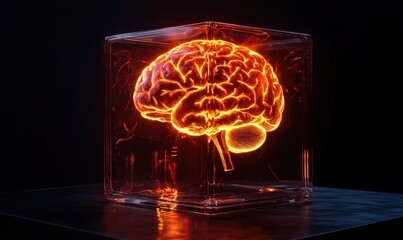 Poster - Illuminated Brain Model in Glass Cube, Radiant Neural Structure, Futuristic Design, Abstract Art, Science and Technology Concept
