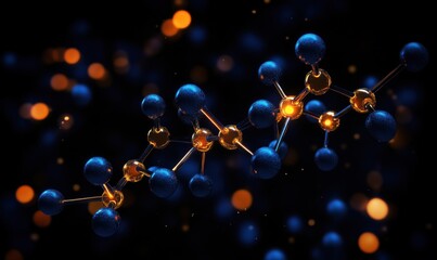 Poster - Molecular Structure Visualization with Blue and Orange Atoms, Abstract Background, Scientific Illustration