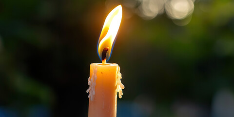 Wall Mural - Lit Candle with Melted Wax Against Blurred Background