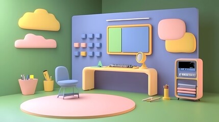 Poster - Pastel-Colored Minimalist Home Office Workstation with Cartoon Clouds