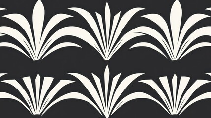Poster - Abstract black and white stylized plant pattern. The design features repeating rows of off white, fan shaped plant motifs against a dark background