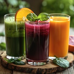 Wall Mural - Three beautifully arranged fresh juices in unique glasses on a rustic wooden table.