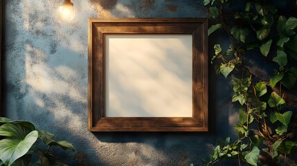 Poster - Organic nature inspired wall decor featuring a rustic wood frame with lush cascading ivy leaves casting beautiful shadows and creating a serene calming and ambiance in the cozy interior space