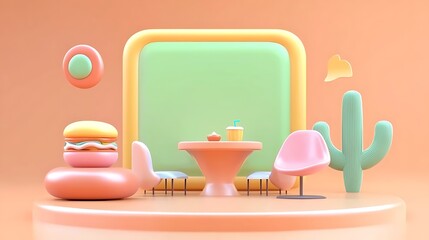 Poster - Pastel-Colored 3D Render of a Minimalist Cafe Scene with Burger and Cactus