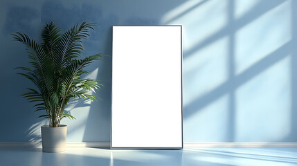 Poster - Peaceful and serene modern living room interior with a large lush indoor plant and sunlight streaming through a large window creating a calming and refreshing ambiance