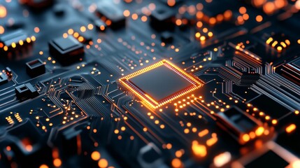 Poster - Discovering the intricate details of a glowing microchip on a circuit board in 4K resolution