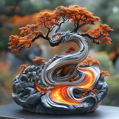 Fototapete - Bonsai tree dragon with flaming magma cracks along its body roaring fire as a volcano in the background spews hot lava Dynamic and epic with intricate detail showcasing the fiery landscape