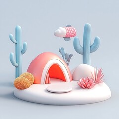 Poster - Pastel-Colored 3D Render of a Desert Oasis with a Tent and Koi Fish