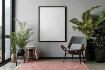 Poster - Modern living room with empty frame, armchair, plants, and rug.