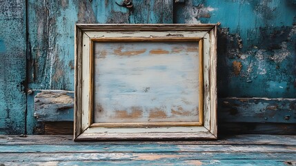 Poster - Rustic Vintage Wooden Picture Frame Leaning Against Distressed Blue Wooden Wall Backdrop  Empty Blank Frame Mockup for Artwork Photo or Creative Display