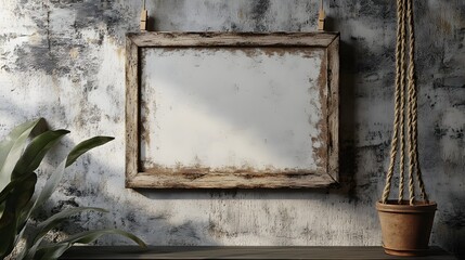Poster - Rustic wooden frame hanging on a distressed textured concrete wall with a green potted plant in the foreground  Minimalist industrial interior design concept with copy space