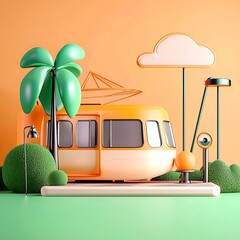 Poster - Stylized 3D Render of a Retro Tram Stop in a Tropical Setting