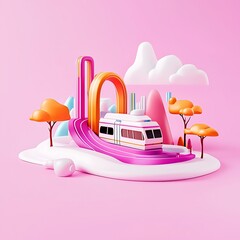 Poster - Stylized 3D Render of a Train on a Pink Track Through a Cartoon Landscape