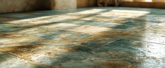 Poster - Sunlit teal and gold tiled floor.