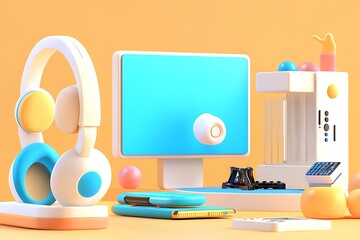 Poster - Pastel-Colored 3D Render of Headphones, Computer, and Retro Gadgets