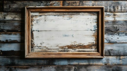 Poster - Rustic Wooden Frame Hanging on Distressed Weathered Wooden Wall Background for Home Decor or Photography