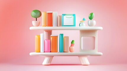 Poster - Colorful Books, Plants, and Objects on a Modern Two-Tiered Shelf