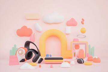 Poster - Abstract 3D Render of Playful Pastel Shapes and a Headset