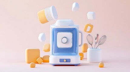 Poster - Pastel-Colored Blender with Floating Ingredients and Utensils