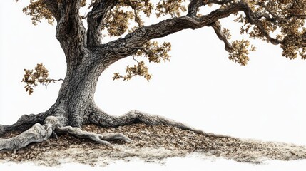 Ancient tree roots, autumn leaves, white background, nature design