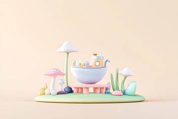 Poster - Whimsical 3D Render of a Tiny Boat on a Mushroom Island
