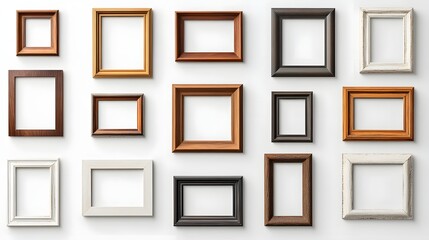 Poster - Stylish assortment of various wooden and metal photo frames in different sizes shapes and colors arranged on a plain white wall in a modern minimalist interior setting