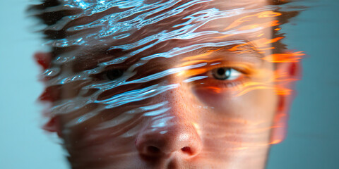 Poster - Human Face Partially Obscured by Translucent Material with Water and Light Effects