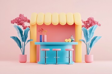 Poster - Pastel-Colored Bar with Tropical Plants and Minimalist Decor