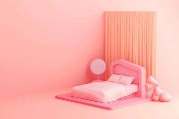 Poster - minimalist pink bedroom scene with bed, curtained wall, and abstract decor