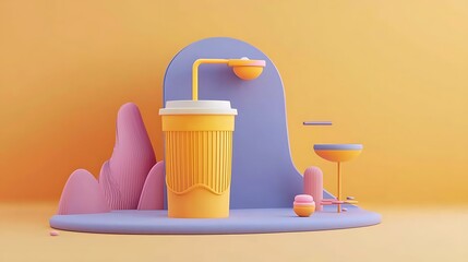 Poster - 3D Render of a Yellow Cup with Straw on Abstract Pastel Background
