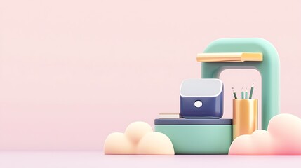 Poster - Pastel-Colored 3D Render of a Desk Setup with Cloud Accents