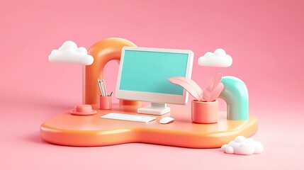 Poster - Pastel-Colored 3D Render of a Minimalist Computer Workspace