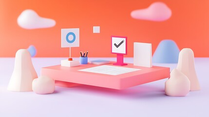 Poster - Minimalist 3D Render of a Desk with Task Management Icons