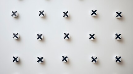 Poster - abstract image featuring a repeating pattern of small, round, white objects with a dark 'x' mark on 
