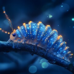 Poster - Breathtaking macro image of a larval stage fairy with delicate features emerging from a stunning blue cocoon sparkling with jewels set against a softly blurred enchanted forest backdrop