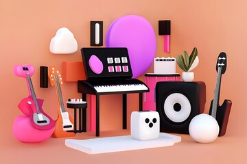 Poster - Stylized 3D Render of Musical Instruments and Studio Equipment