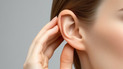Aufkleber - Close up of a woman's ear as she cups it with her hand, listening carefully against a neutral gray backdrop, highlighting the importance of hearing and sound perception