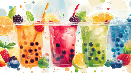 Wall Mural - Bubble tea or juice cocktail with fruits and berries, in plastic cups with straw and splashes. Cartoon vector illustration set of cold drink with blueberry and cherry, orange and tapioca balls.